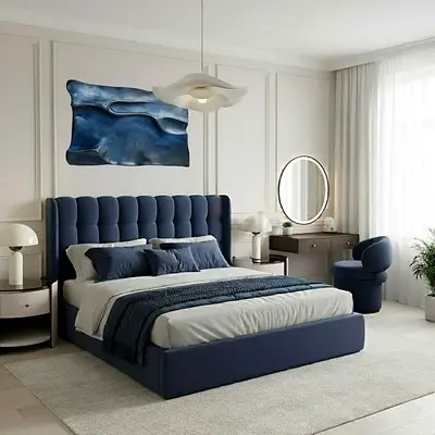 Modern Blue Upholstered King Bed with Padded Headboard