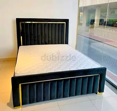 Black velvet bed frame with gold trim - Queen size 150x190 cm