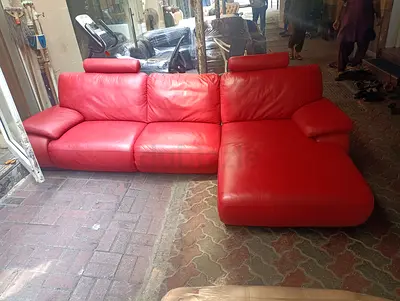 Red L-shaped Leather Sofa with Chaise - 3 Seater