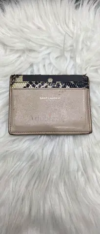 Small women's card holder wallet - beige with snake print trim