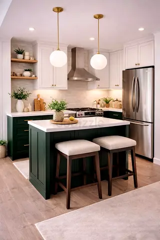 kitchen island with white quartz countertop