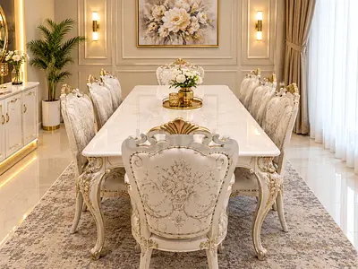 Elegant White and Gold 8-Seater Dining Set