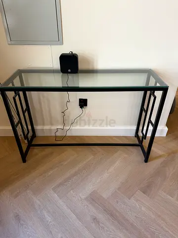 Slim Glass Top Console Table with Black Metal Frame
