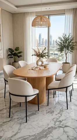 Solid Wood Oval Dining Table with 6 Upholstered Chairs - Modern Set