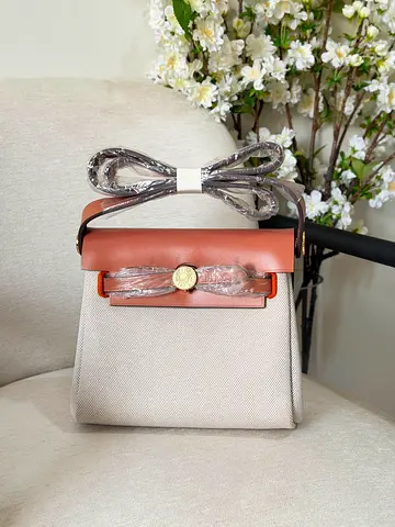 Beige Canvas and Tan Leather Crossbody Handbag