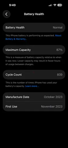 iPhone 15 Pro with 87% Battery Health, 839 Charge Cycles (Used - Good) - Great condition