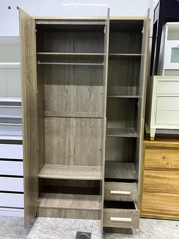 Used Large 3-Door Wooden Wardrobe with Shelves and Drawers