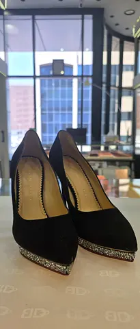 Black suede women's pumps with glitter block heel - size unknown