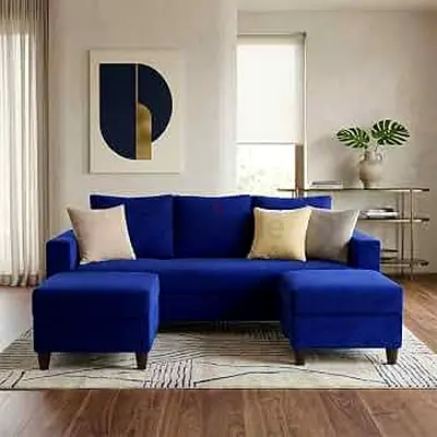 Rich blue velvet upholstered 3 seater sofa with 2 ottoman