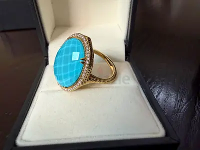 Authentic Judith Ripka 18K Yellow Gold Turquoise & Diamond Cocktail Ring