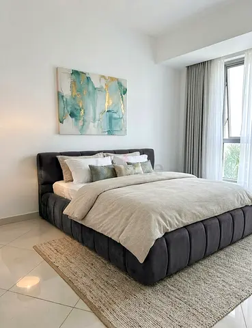 Queen -size upholstered platform bed with padded headboard - dark grey