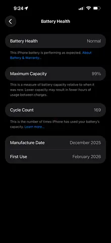 iPhone with 99% Battery Health, First Used Feb 2026 -