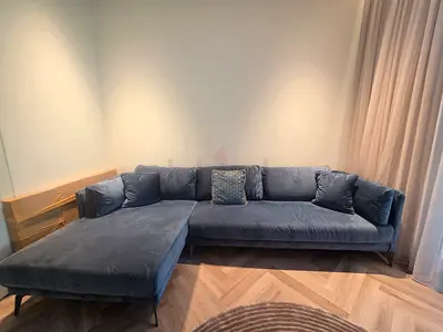 Harvey Norman L-shaped velvet sectional sofa - navy blue, modern