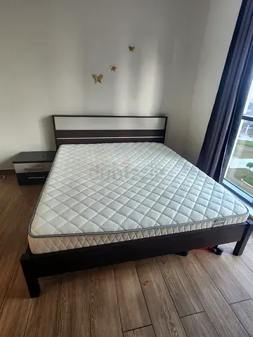 Modern king Bed Frame with Mattress and Side Table Dressing table