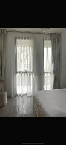 Light grey blackout curtains with sheer panels - set for bedroom + living room