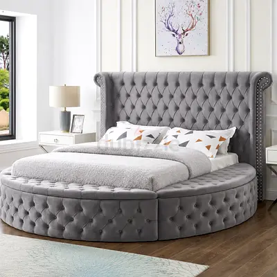 Round Grey Velvet Tufted Queen Bed with Wingback Headboard and storage