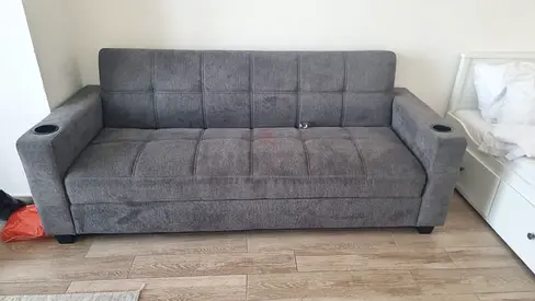 Grey 3-seater Sofa Bed with Cup Holders - Good Condition
