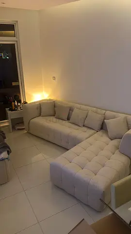 Light beige L-shaped tufted fabric sofa - perfect condition, almost new. Size is 280 cm to 180 cm