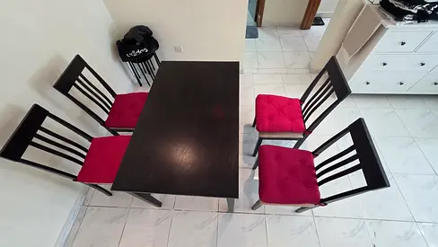Dark Wood Dining Table with 4 Chairs and IKEA Cushions