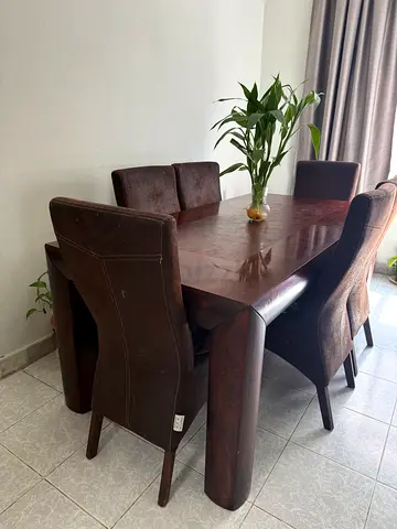 Solid Wood Dining Table with 6 good condition Upholstered Chairs - Dark Finish