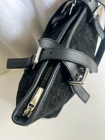 Original Celine Black Signature Canvas Shoulder Bag with Leather Trim