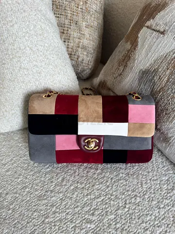 Patchwork suede shoulder bag with gold chain - classic flap style