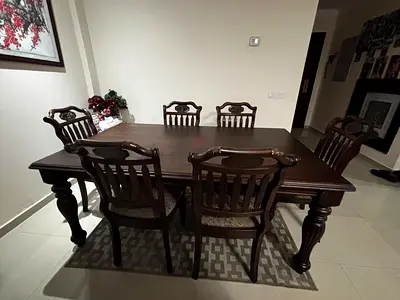 Solid Wood 6-Seater Dining Table with Chairs - Classic Dark Finish