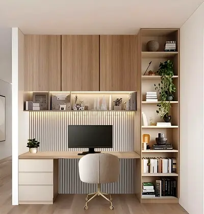 Built-in Home Office Desk with Overhead Cabinets and Open Shelving