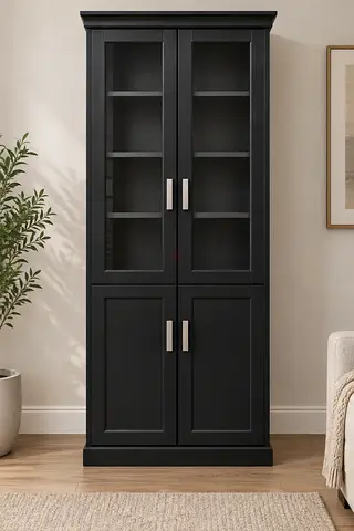 Tall Black Display Cabinet / Storage Cupboard with Glass Doors