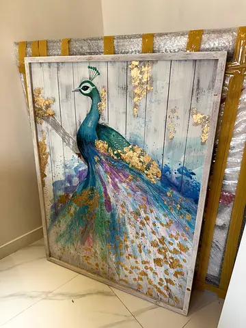 Framed Peacock Wall Art Painting with Gold Leaf Accents