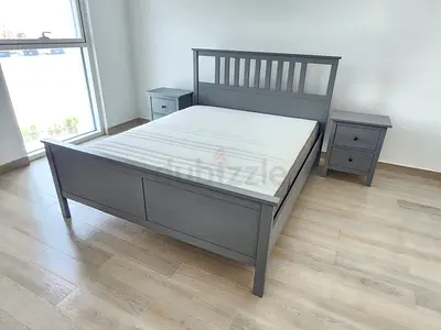 Solid Grey Wooden Double Bed with 2 Matching Nightstands - Good Condition