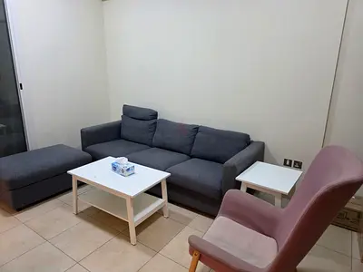 3-seater grey fabric sofa with arm chair without white tables