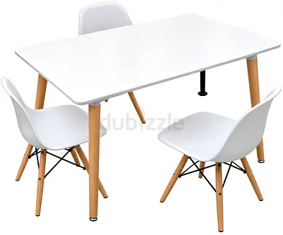 White Scandinavian Dining Table with 3 Matching Chairs - Modern Compact Set