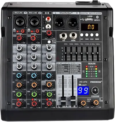 Mixer, 4 Channel Mixing Console 99 DSP Effect USB Play PC Record Bluetooth