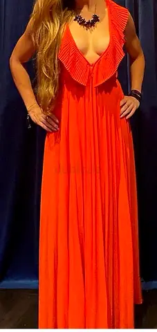 Vibrant Orange Pleated Maxi Dress with Ruffled V-Neck
