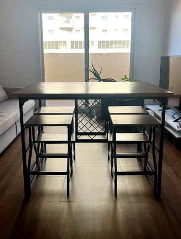 Industrial Bar Table + 4 Matching Stools – Wood Effect