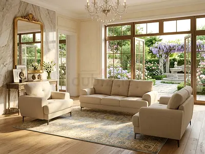 Beige 3-Seater Sofa with Matching Armchairs - Good Condition