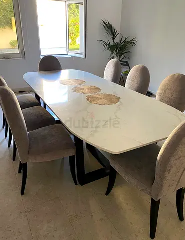 8-Seater Quartz-Top Dining Table with Upholstered Chairs