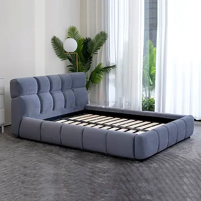 Modern Low-Profile Upholstered King Bed Frame with Padded Headboard