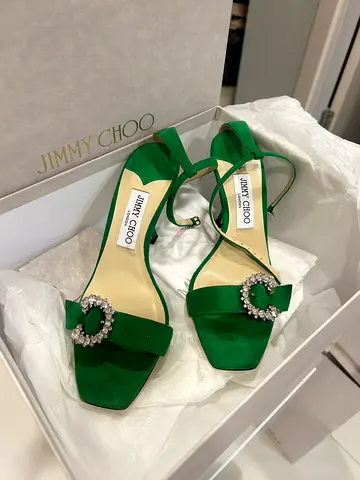 Green Jimmy Choo suede crystal buckle slingback heels, size 42, Authentic