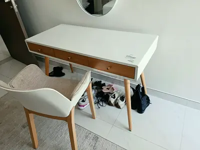 Modern White and Oak Finish Dressing Table with Chair