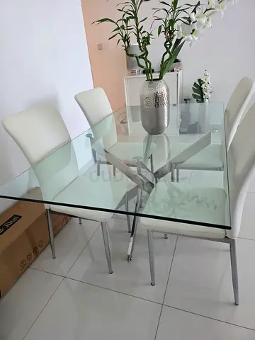 Glass Top Dining Table with 4 White Chairs - Modern Minimalist Set