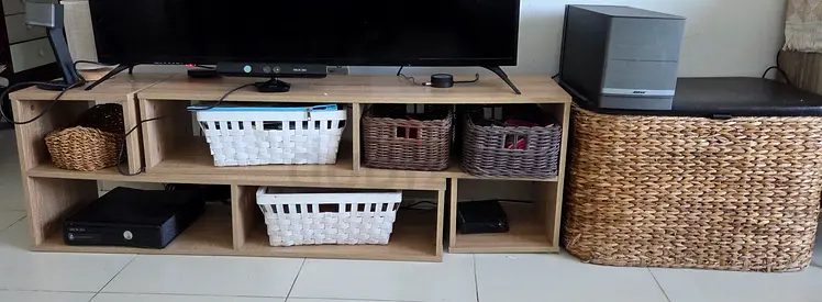 Modern Wooden Entertainment Center with Woven Storage Basket