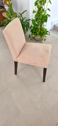 4 West Elm Beige Upholstered Dining Chairs with Dark Wood Legs - 290 AED  for 4 chairs