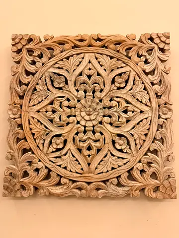 Camel Bone Hand-carved Wooden Floral Wall Panel - Decorative Square Art