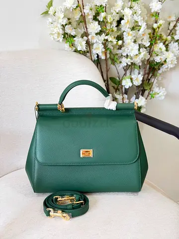 Dark Green Structured Leather Top-Handle Bag with Removable Strap