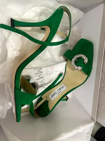 Green Jimmy Choo suede crystal buckle slingback heels, size 42