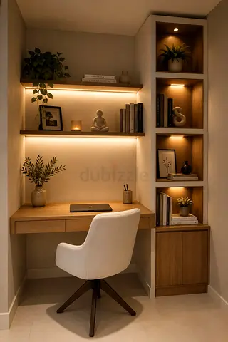 Compact built-in wooden study desk with shelving and ambient lights