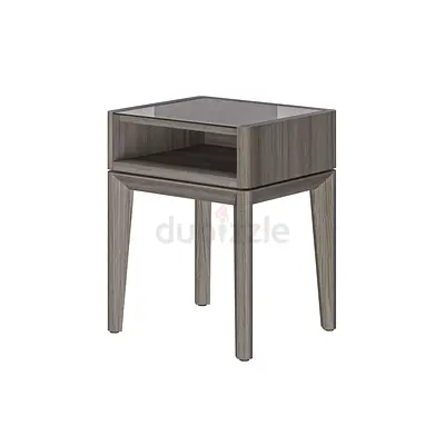 Gautier Modern grey wood bedside table with glass top and shelf