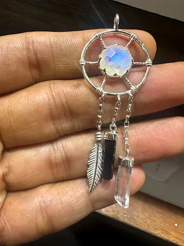 Silver Dreamcatcher Pendant with Moonstone and Crystal Charms